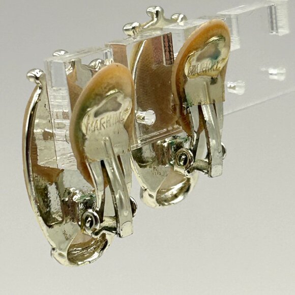 Vintage Marhill Mother of Pearl Clip On Earrings Oval Cabochon Gold Tone Signed - Picture 3 of 12